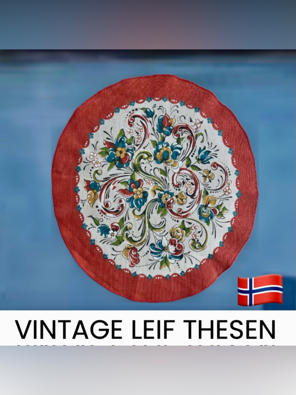 🇳🇴VINTAGE Norwegian Rosemaling Oval Linen Placemat 16.5" x 15" Leif Thesen